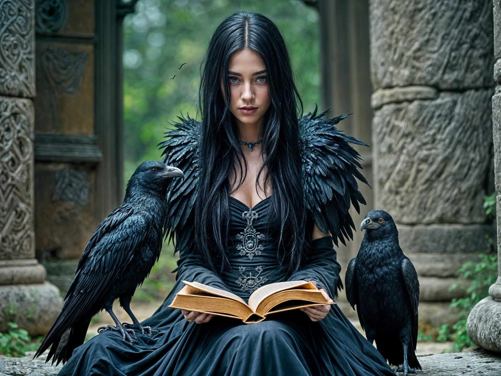 Mystical Witch in Ancient Ruins with Ravens