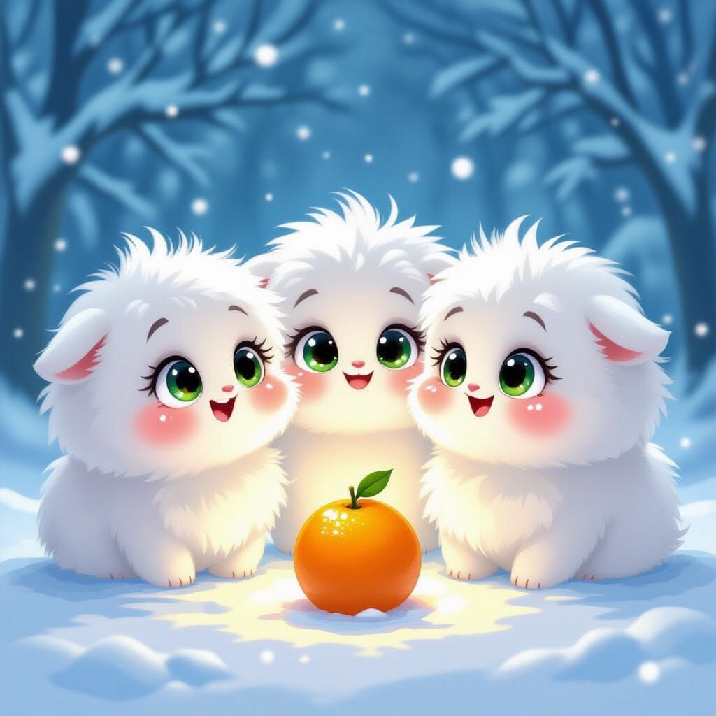 Three Fluffy Cartoon Characters Admire an Orange