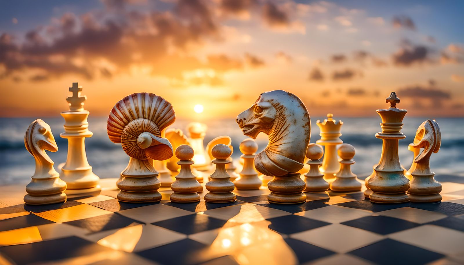 Shell Chessboard on Beach at Golden Hour