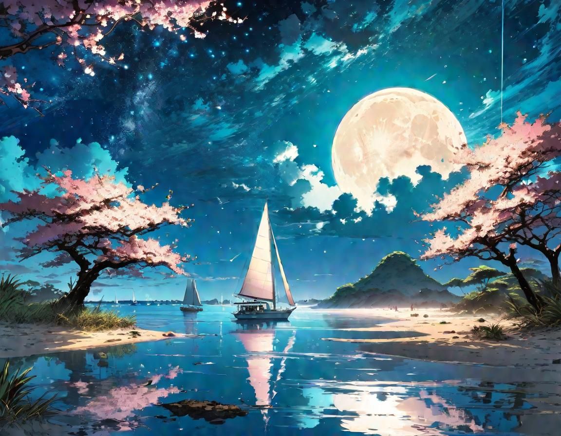 Enchanted Lagoon: Sailboat at Night in Manga Style