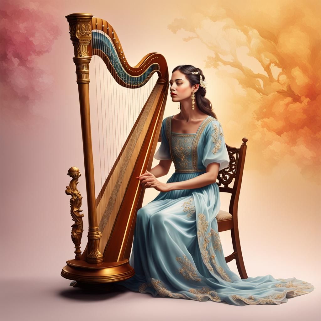 Elegant Lady Plays Harp in Hyperrealistic Splash Art