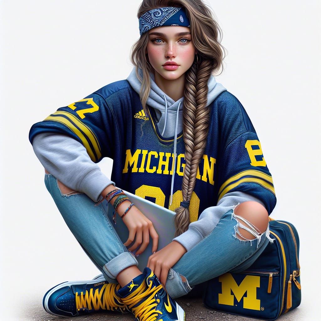 Young Woman in Wolverines Gear with Fishtail Braid