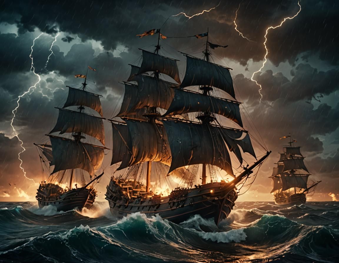Galleons Battle Rogue Wave in Dramatic Nautical Scene