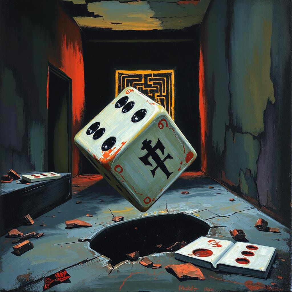 Unsettling Scene of Tilted Dice in Neo-Impressionist Express...
