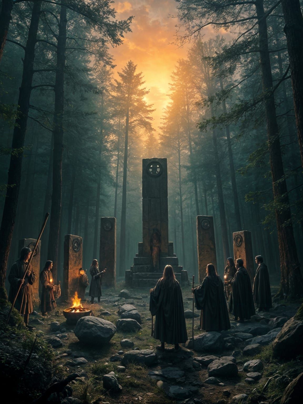 Celtic Druids Gathering in Forest at Dawn