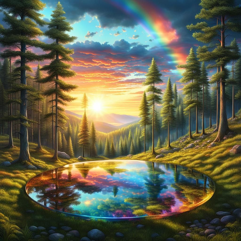 Glass Forest Reflects Sunset in Meadow