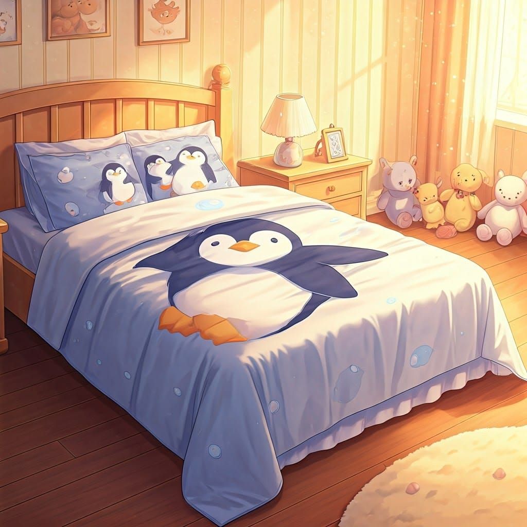Anime Bedroom with Penguin Bed Sheets