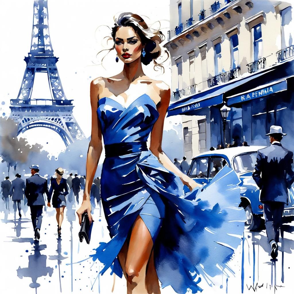 Elegant Woman in Blue: Watercolor Fashion Illustration