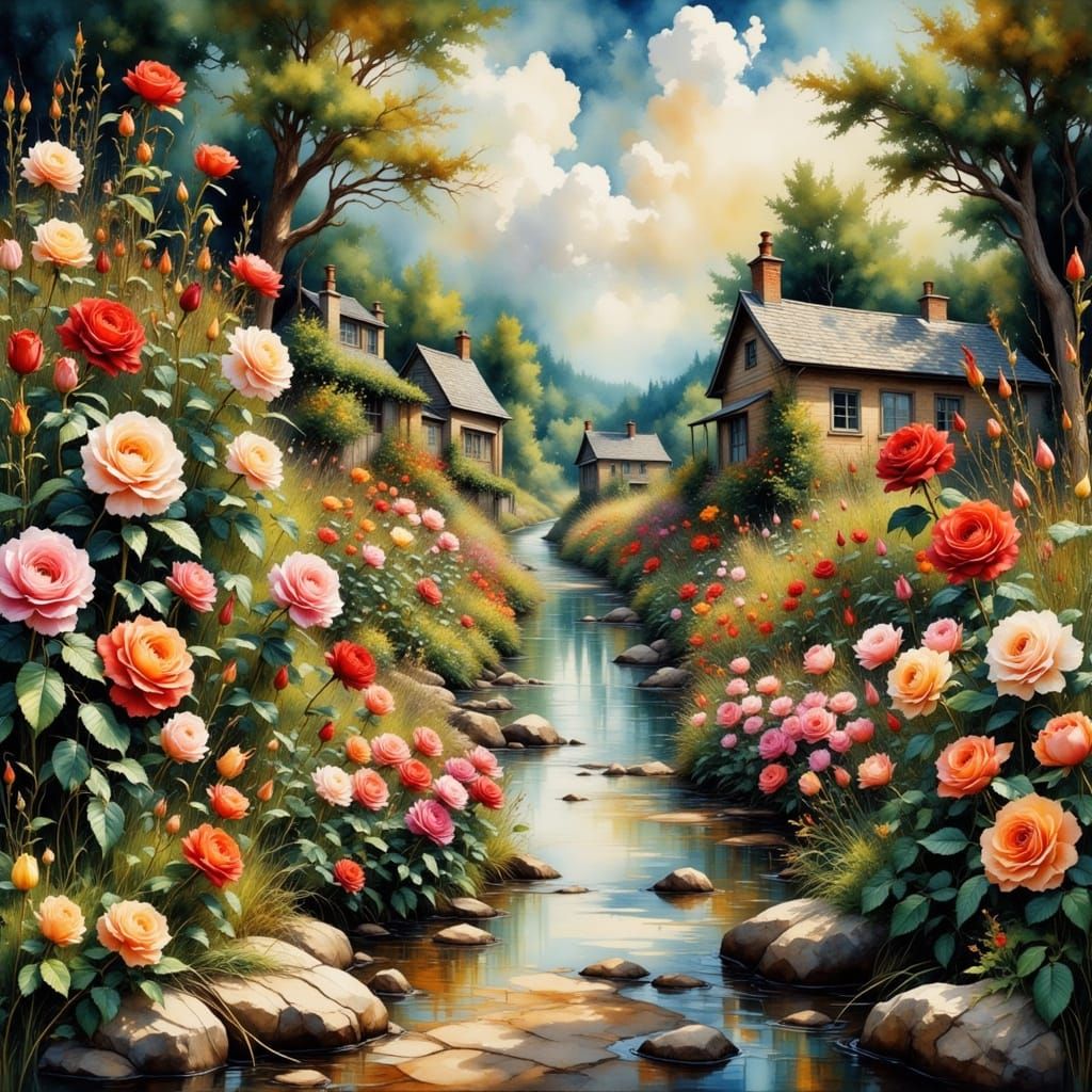 Hyperrealistic Portrait of a Rose Garden in Vibrant Brush St...