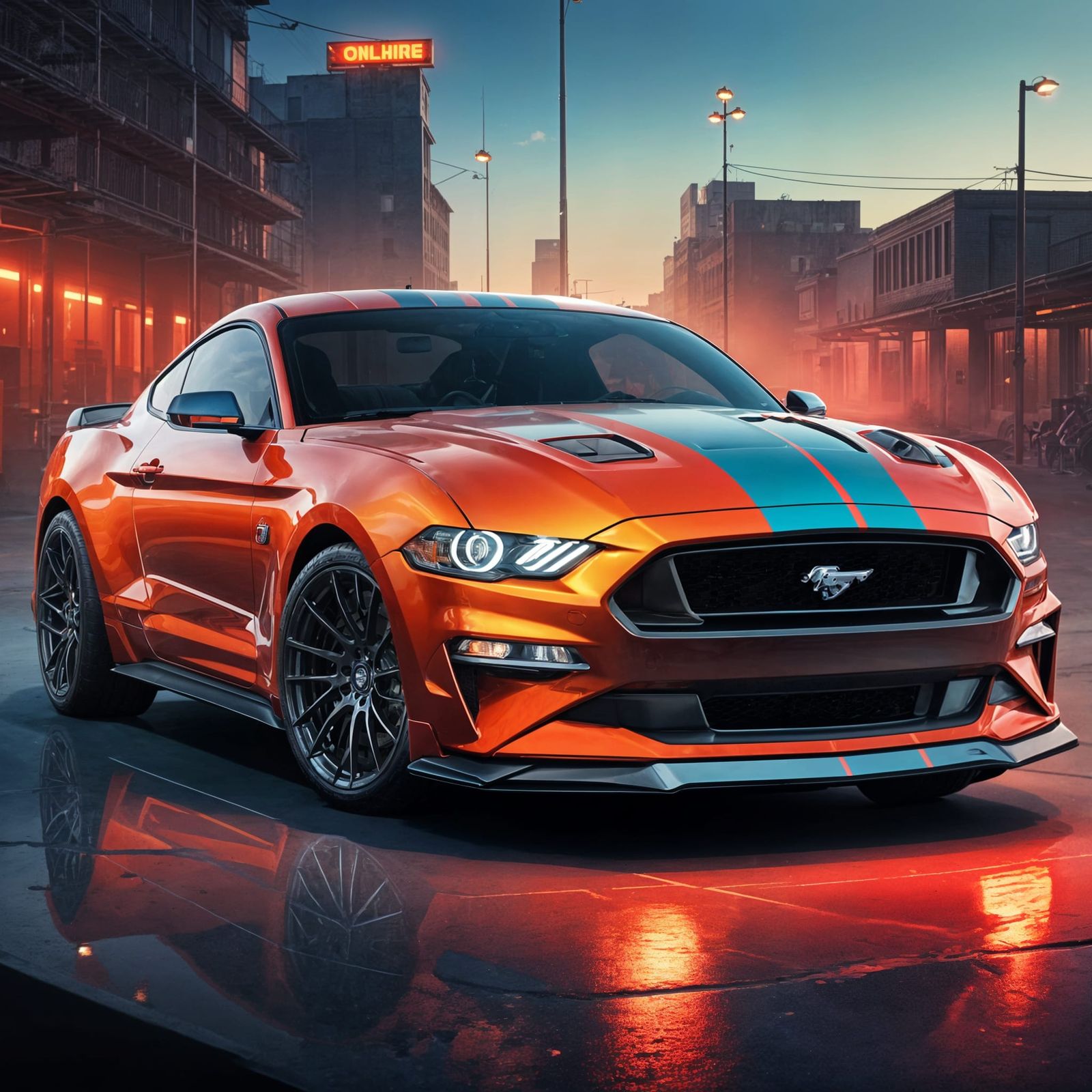 Customized Ford Mustang GT on Neon Street