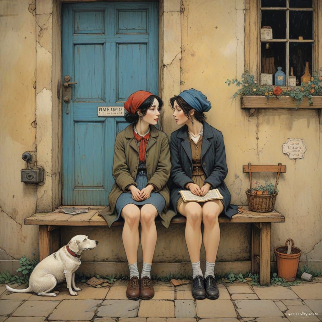 Intimate Embrace in Naive Art Style