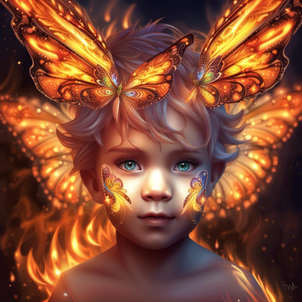 Fractal Fire Fairy Boy with Butterfly Wings