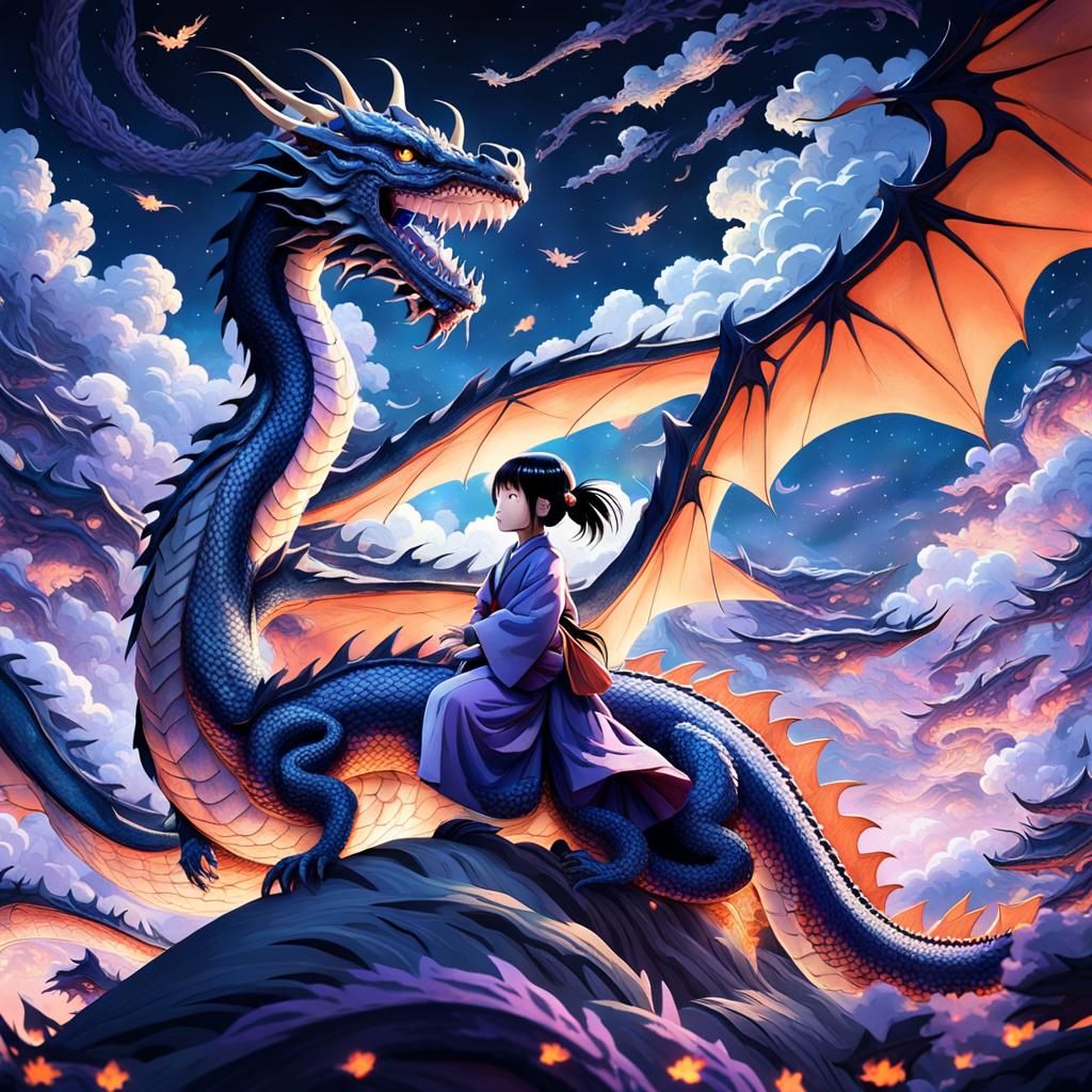 Girl Rides Dragon in Night Sky: Fantasy Concept Art