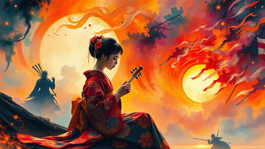 Geisha Mourning with Koto in Fluorescent Impasto Style