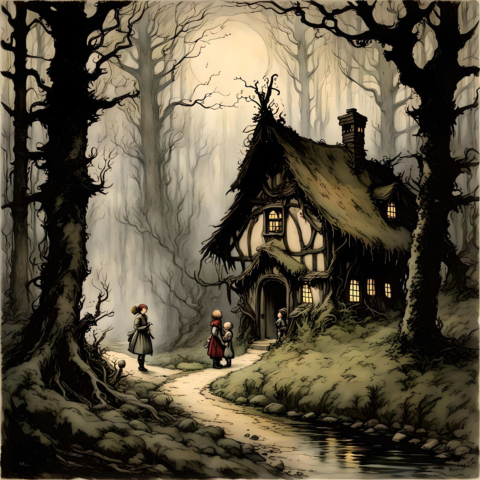 Hansel and Gretel, deep forest, By arthur rackham, by tim burton