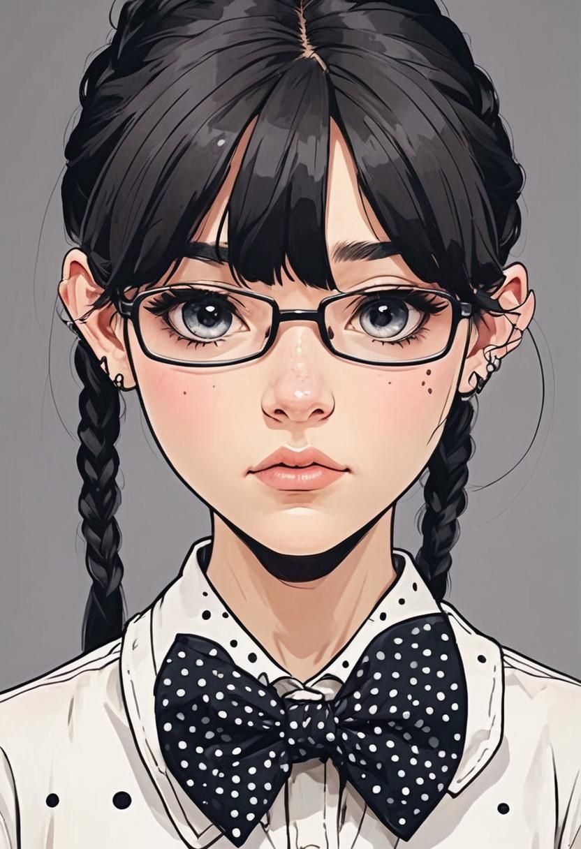 Intricate Portrait of Dark-Haired Girl with Pigtails