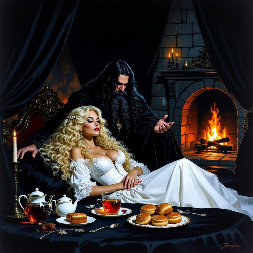 Dark Fantasy Wizard Awakens Blonde Woman in Castle