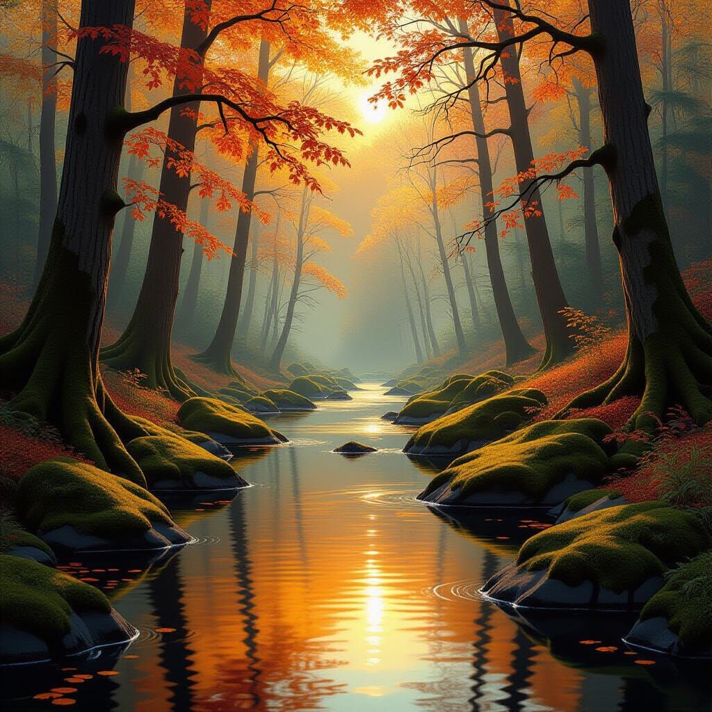 Ethereal Autumn Forest with Golden River