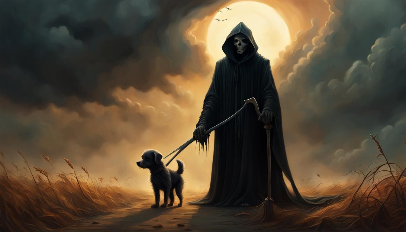 HYPEREALISM, PERFECT, SMOOTH, HD QUALITY, HEAVENLY, The Grim Reaper holding his scythe while guiding the soul of a puppy...