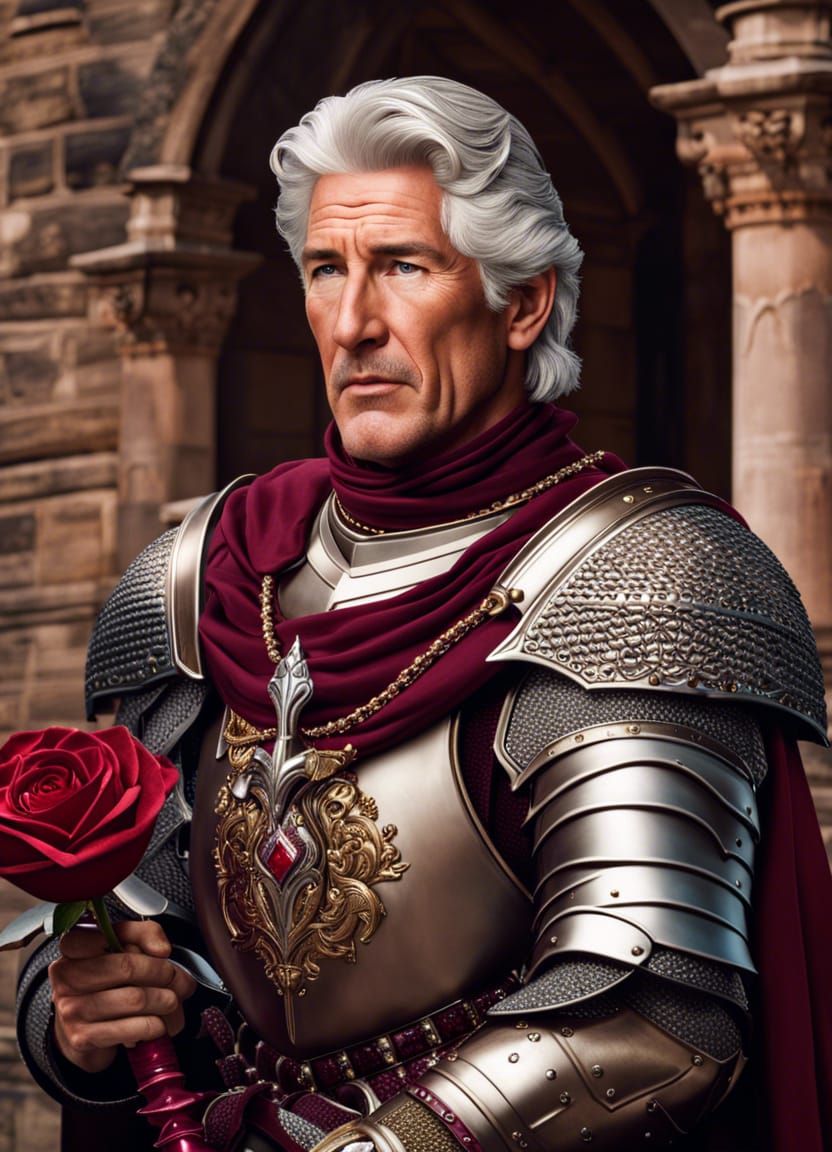 Hyperrealistic Knight with Platinum Sword and Rose