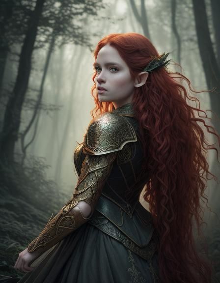 Voluptuous Elf with Red Hair in Mystical Forest
