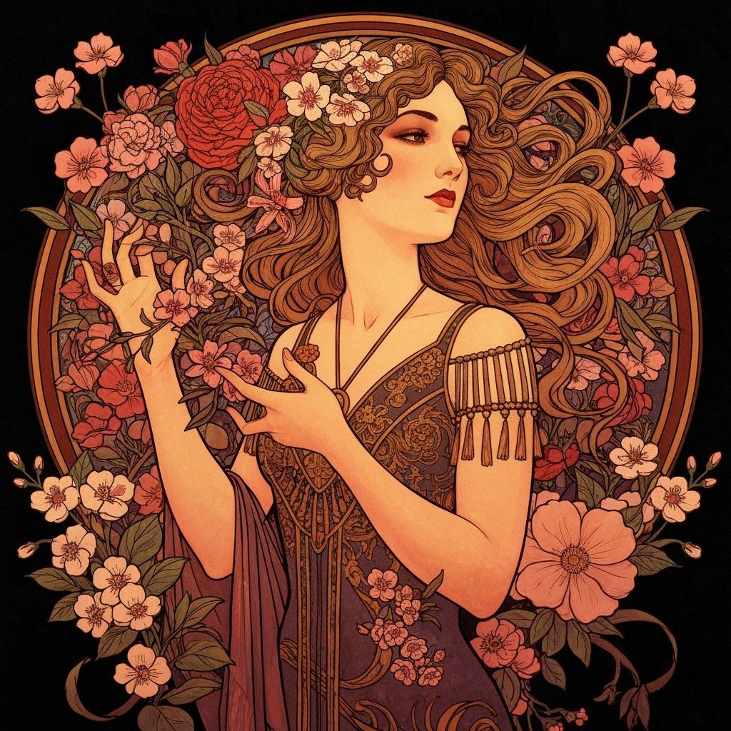 Art Nouveau Woman with Butterflies and Flowers