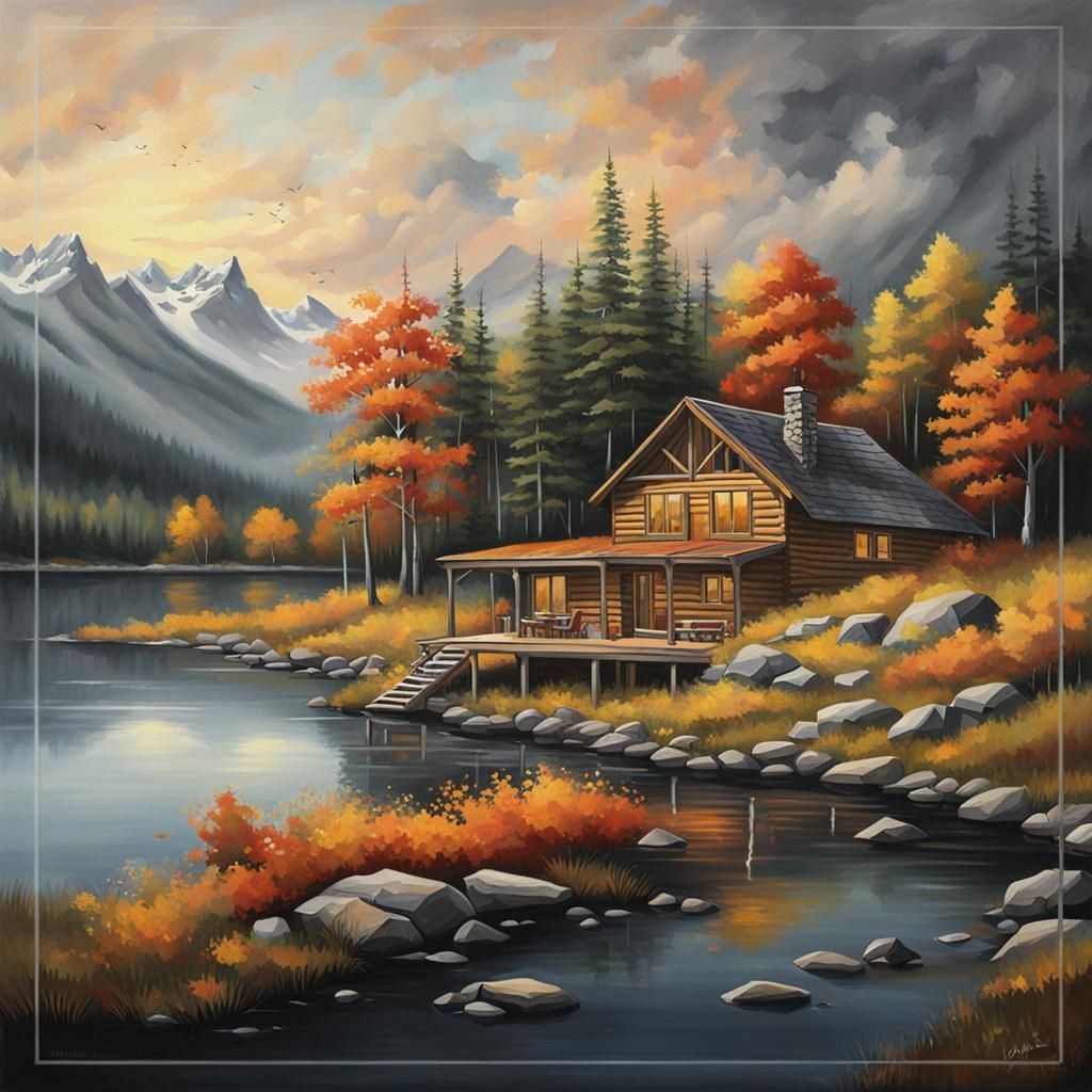 Autumn Cabin Architecture Painting