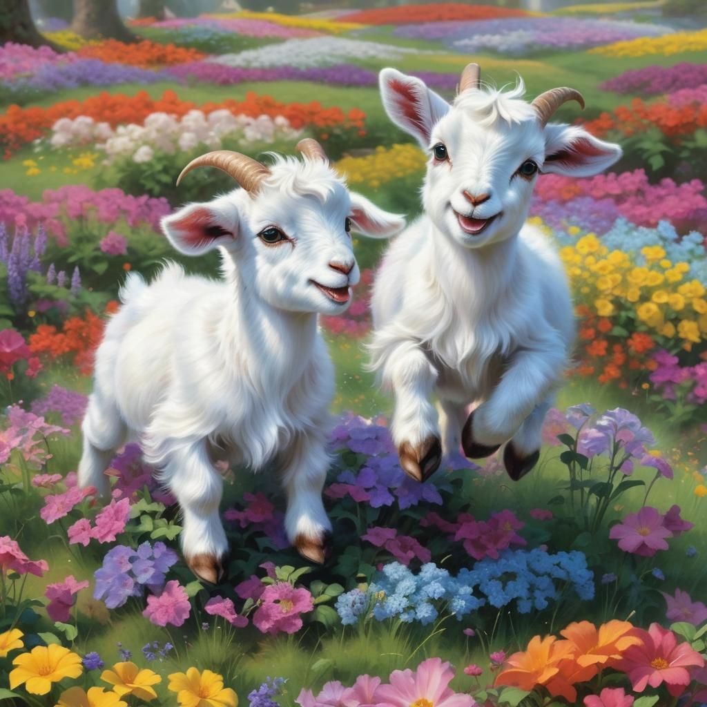 Baby Goats Playing in Flowers, Fantasy Style