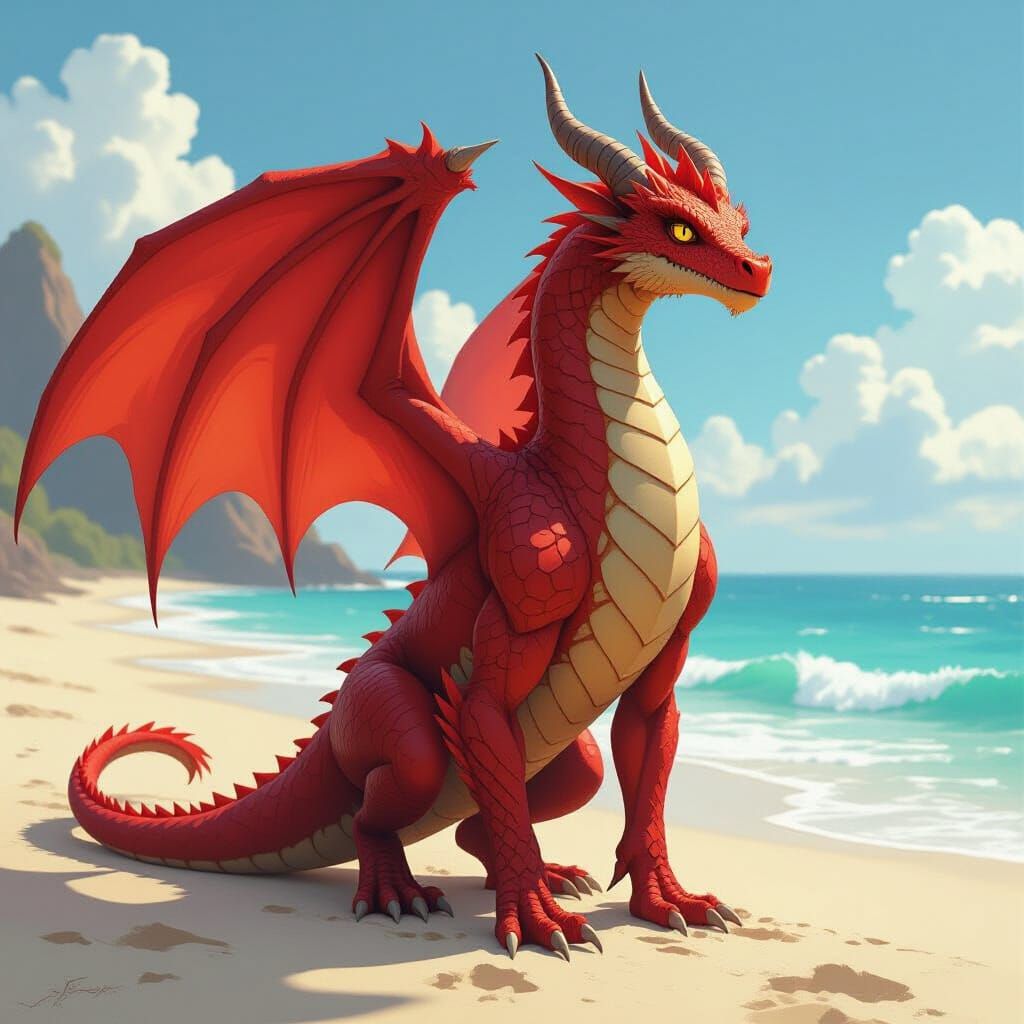 Majestic Red Dragon on Sunlit Beach
