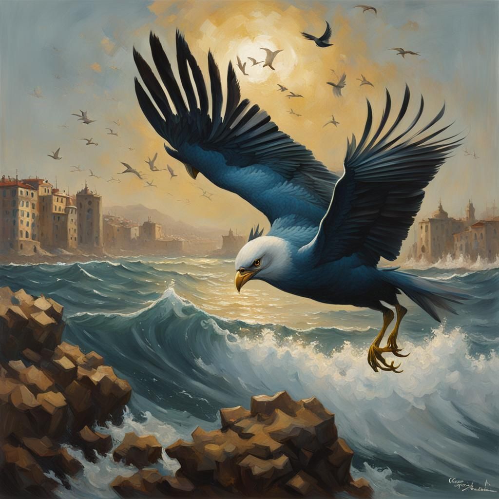 Golden Boat at Sea with Birds and Palm