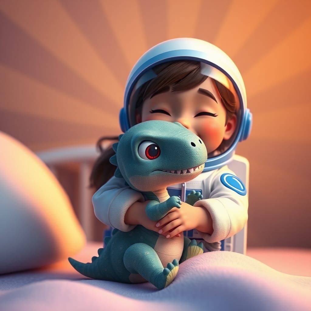 Astronaut Girl Hugs Adorable Baby Dinosaur