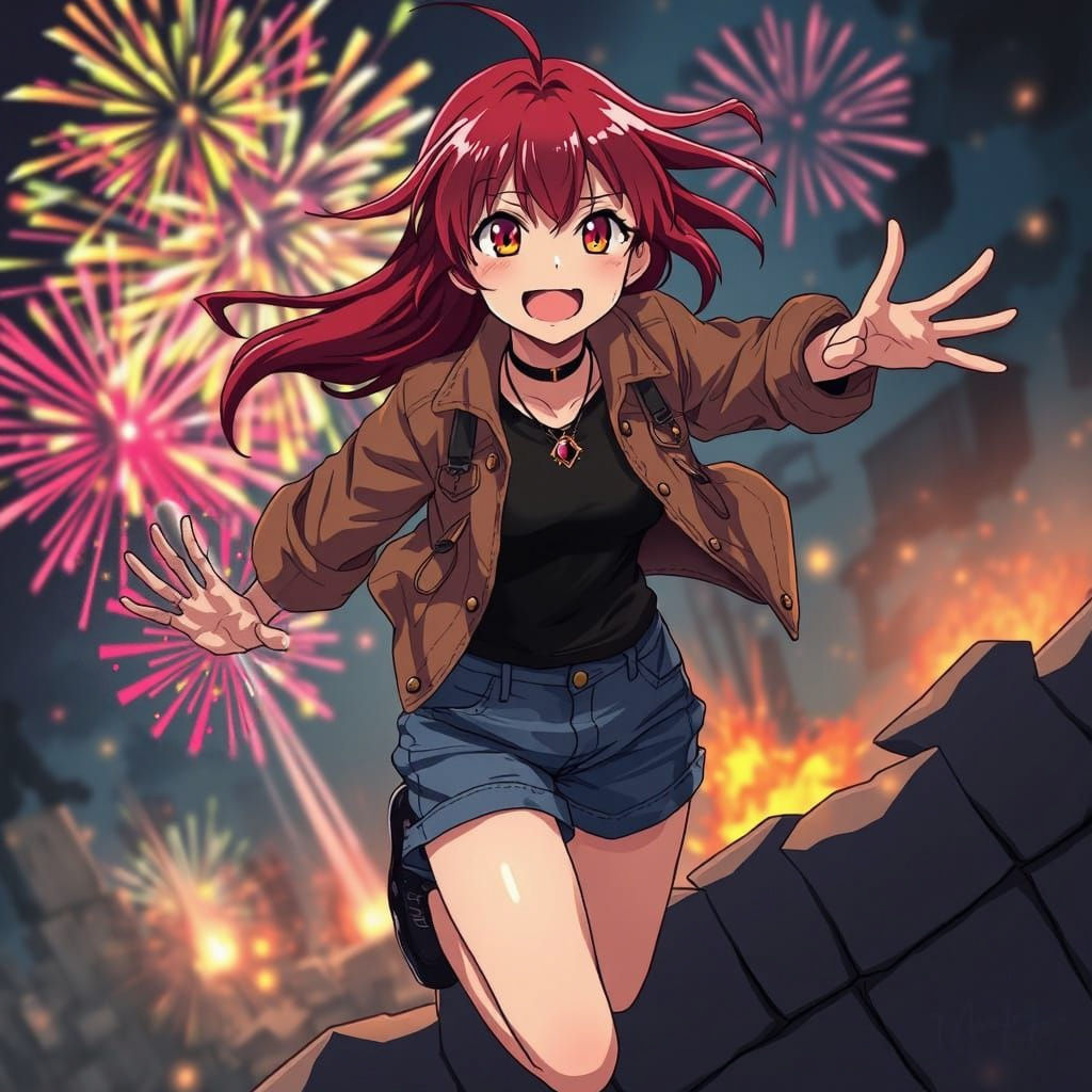 Anime Girl Leaping Over Wall in Fiery Explosion