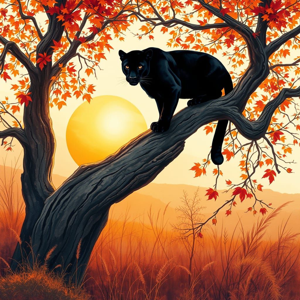Panther in Autumnal Hues on a Gnarled Tree