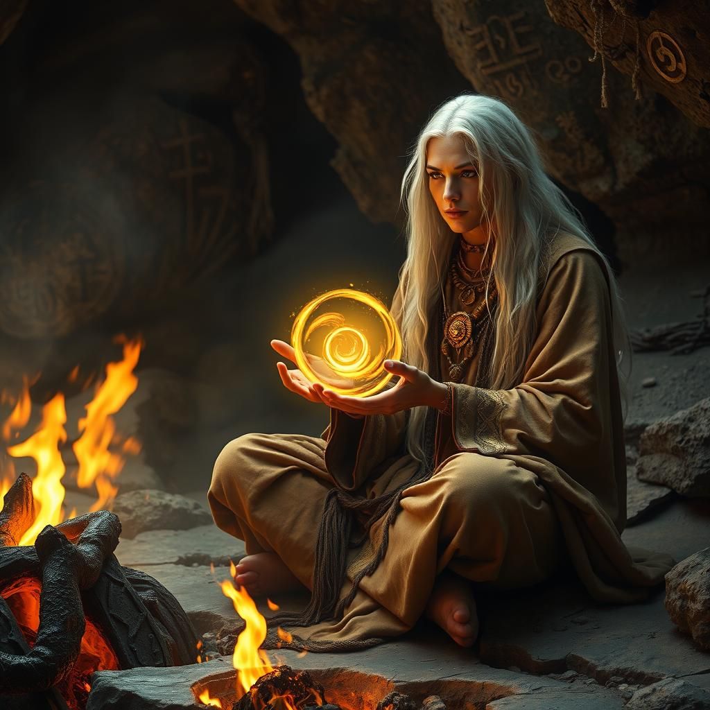 Ethereal Shaman with Golden Artifact in Cave