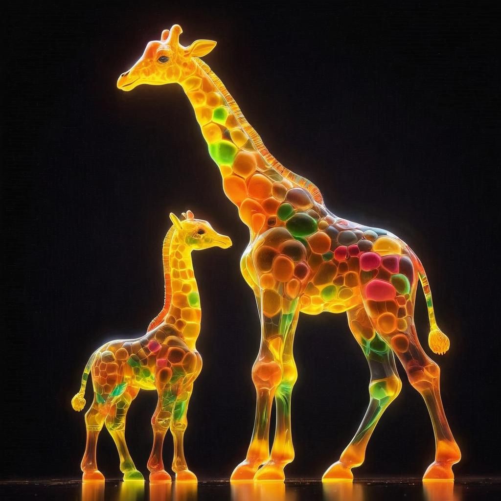 Vibrant, translucent jelly giraffes mama and baby, whose col...