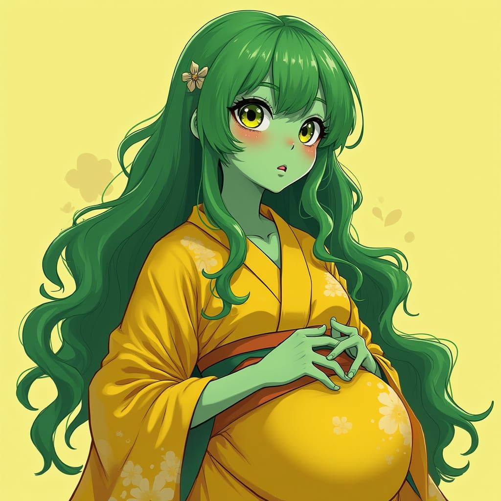 Green-Skinned Girl in Kimono, Anime Style