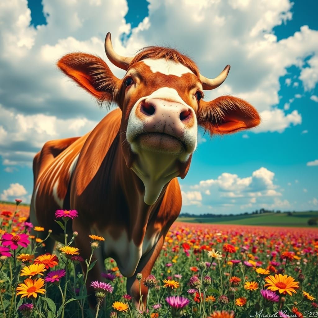 Cow in Wildflowers: Cubist Lithography Landscape