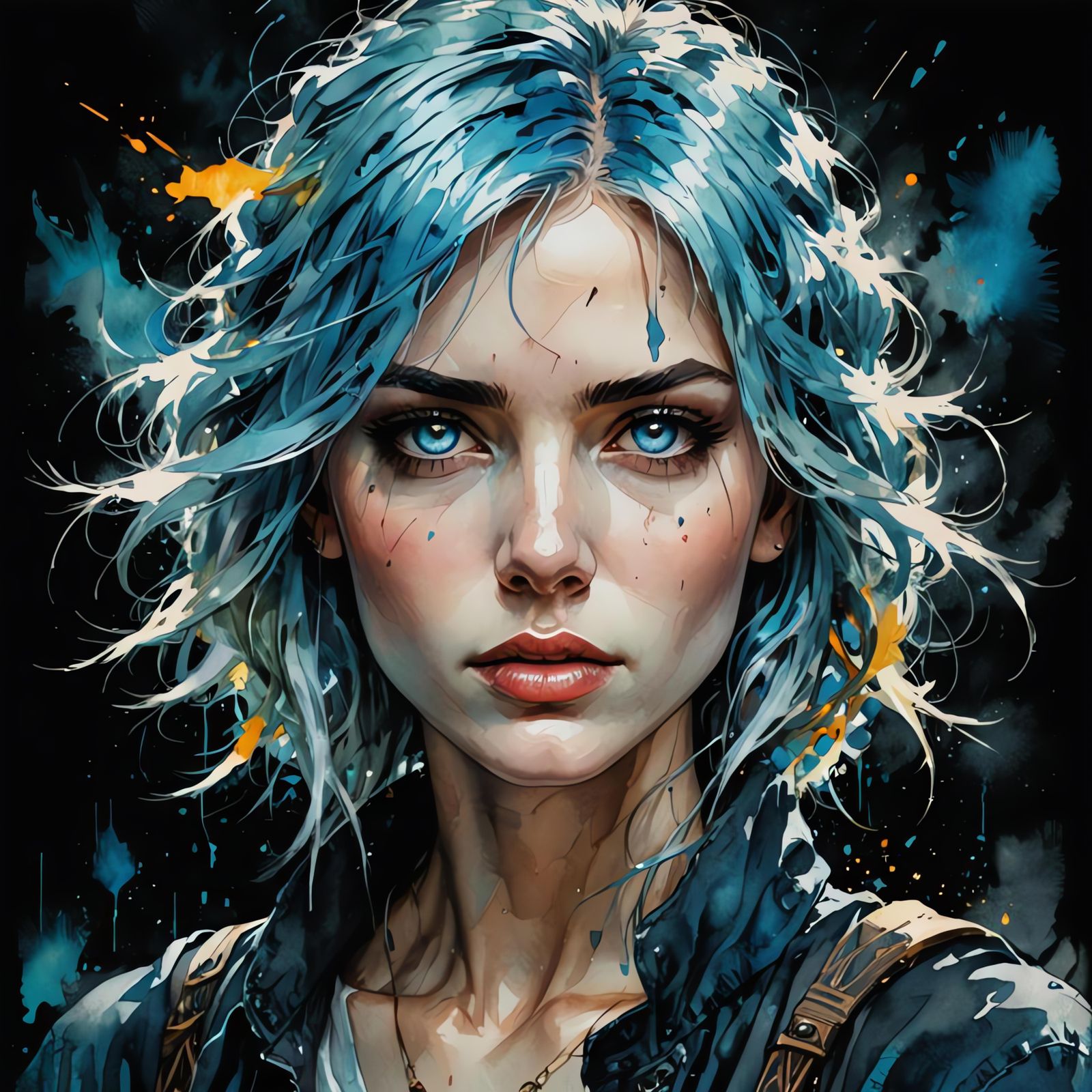 Blue-Eyed Woman in a Thunderstorm: Watercolor Illustration