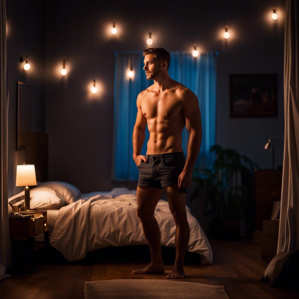 Handsome Man in Cozy Bedroom at Night