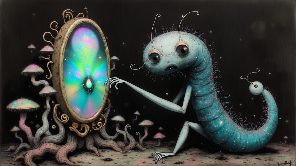 A Centipede in Whimsical Wonder Peers into a Magical Mirror