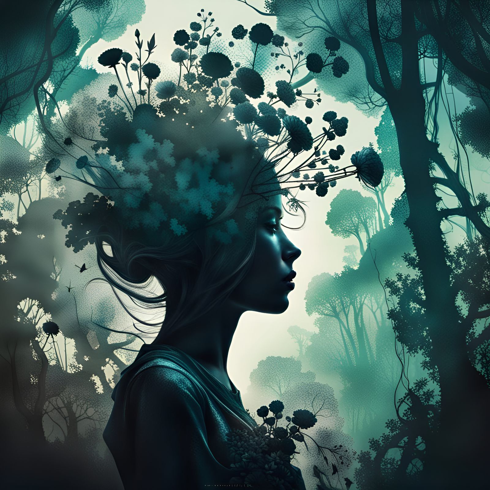 Girl Silhouette with Flowers in Psychedelic Forest