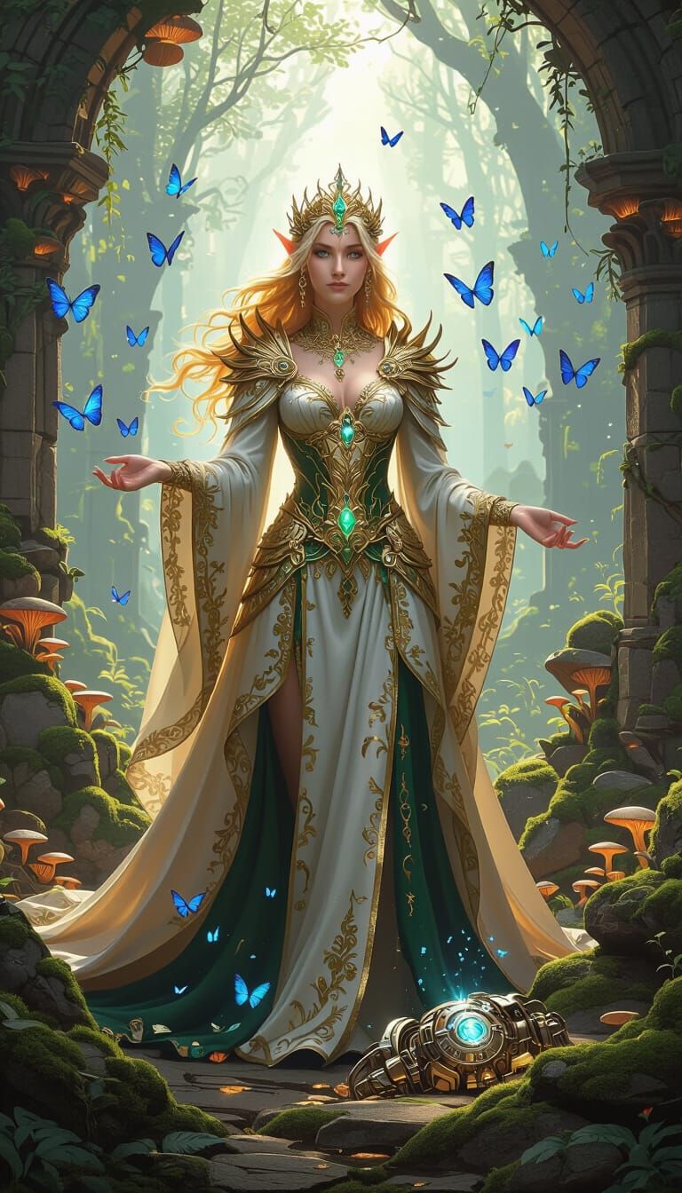 Elven Queen in Ancient Ruins, Renaissance Oil Painting Style