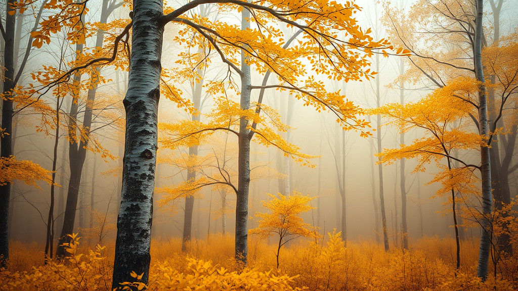 Mystical Forest Scene with Birch Tree in Mist