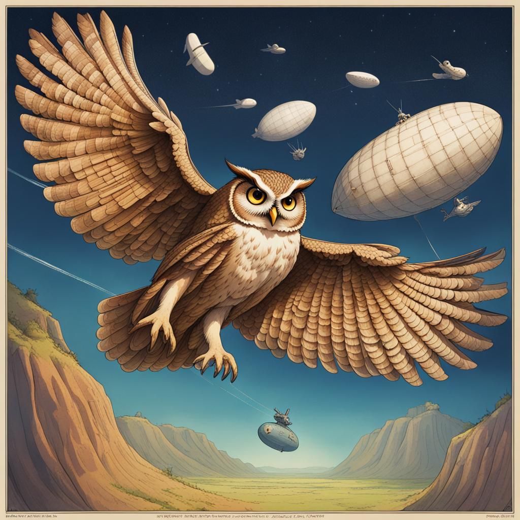 Radiant Owl Soaring Above Zeppelins