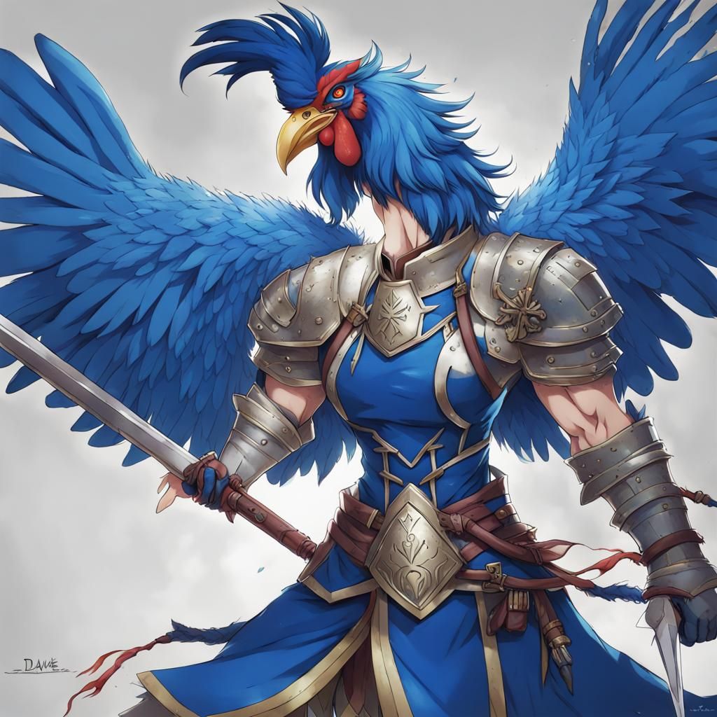 Delaware Blue Cockerel Warrior in Anime Style