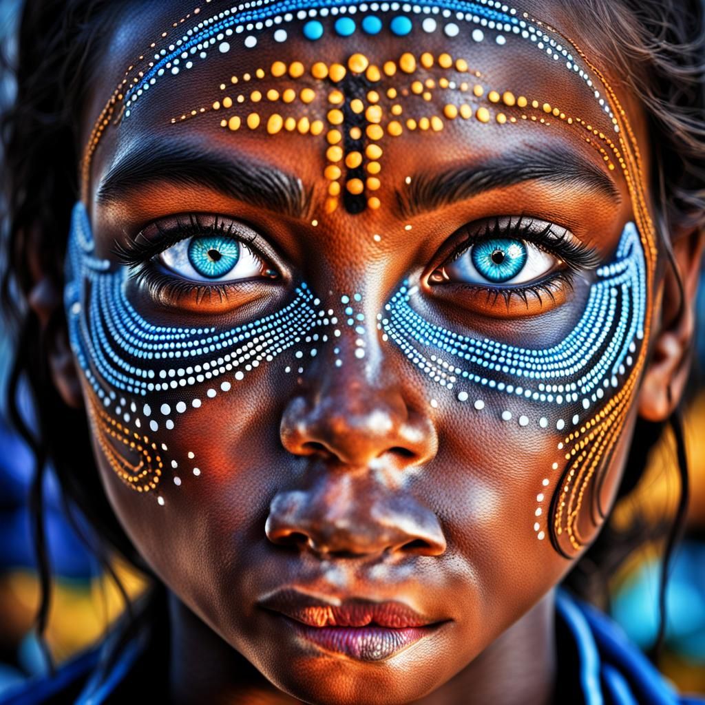 Australia aboriginal girl bright blue eyes,   dot art vibran...