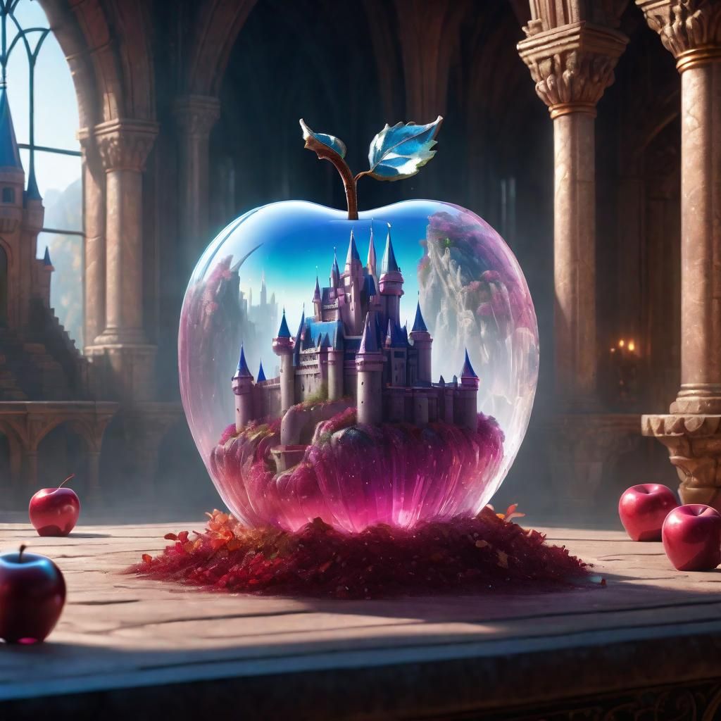 Crystal Apple with Fantasy Castle, Detailed Matte Painting