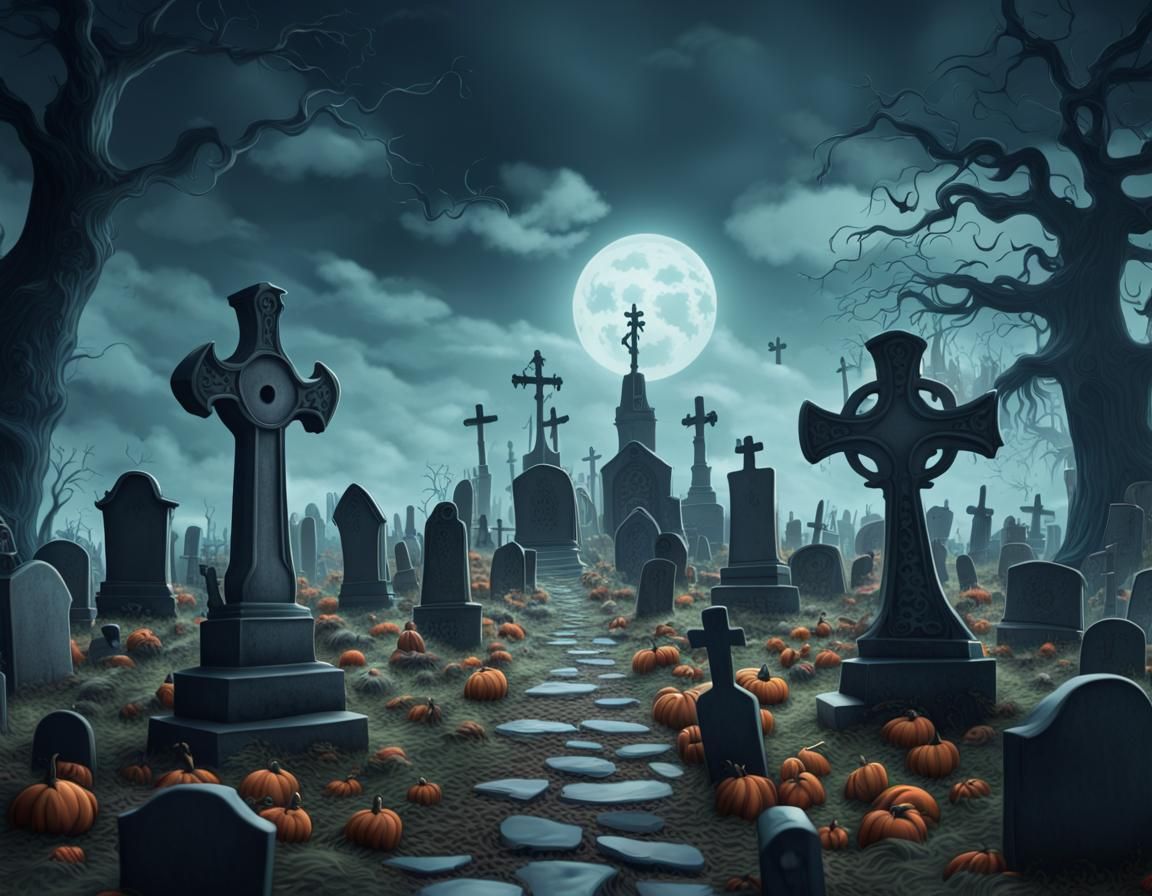 Spooky 1940s Cartoon Graveyard Digital Painting
