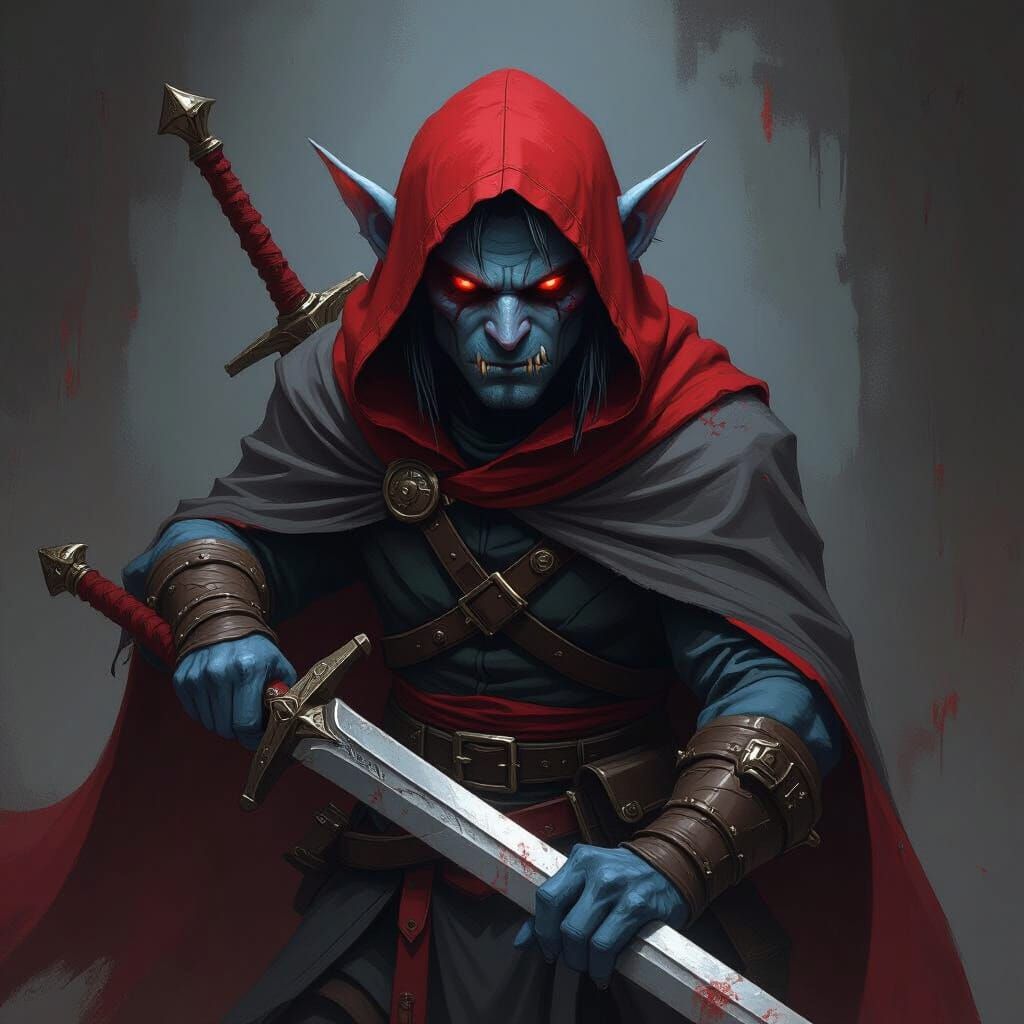 Evil Blue Goblin Fighter With Sword In Dark Art Style