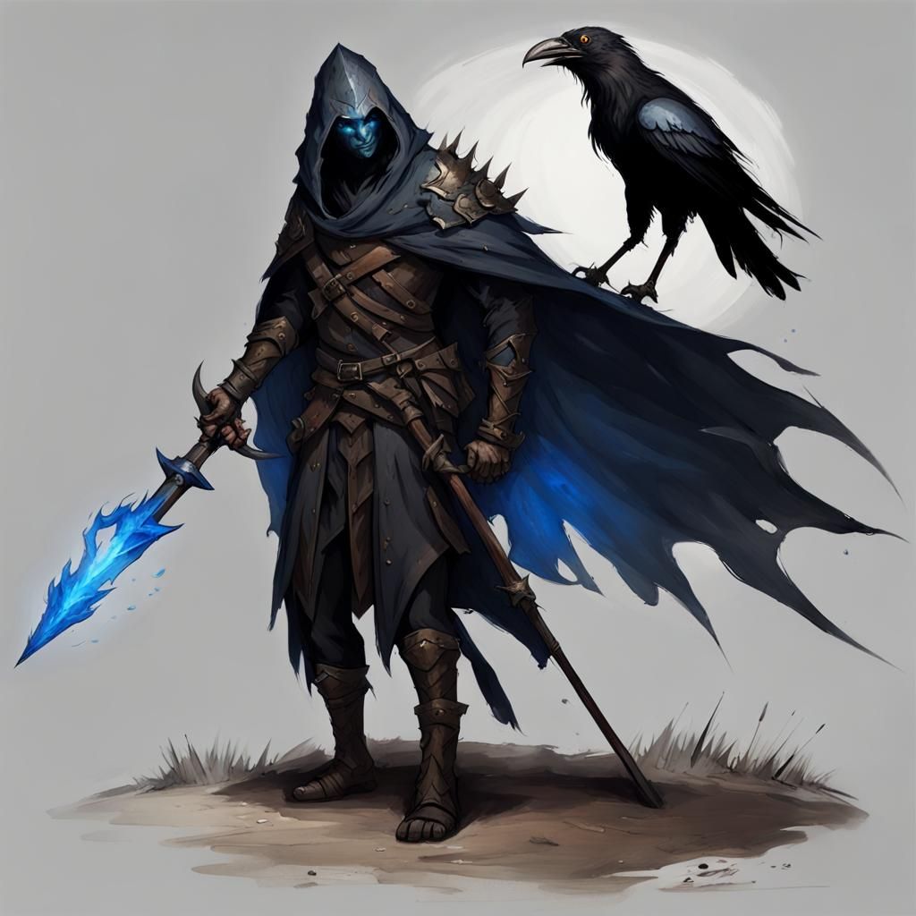 Crow Creature Wielding Flaming Halberd in Matte Painting Sty...